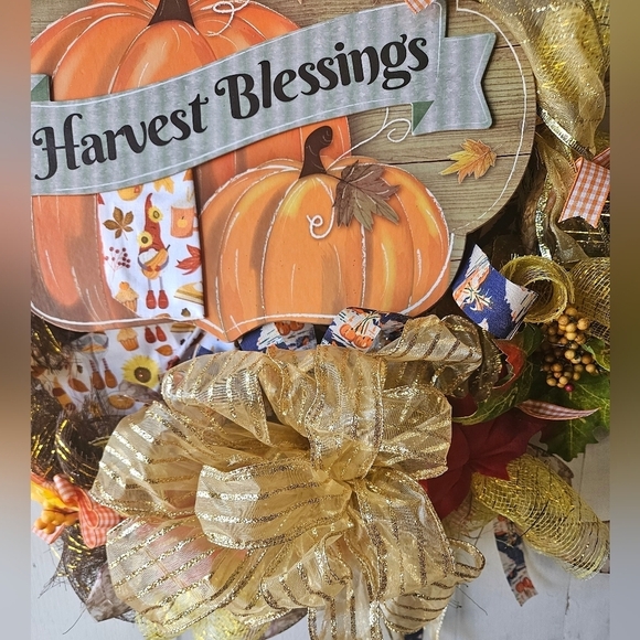 Hand Crafted handmade holiday wreath Harvest Blessings Gnome fabric plaid ribbon - Picture 14 of 17